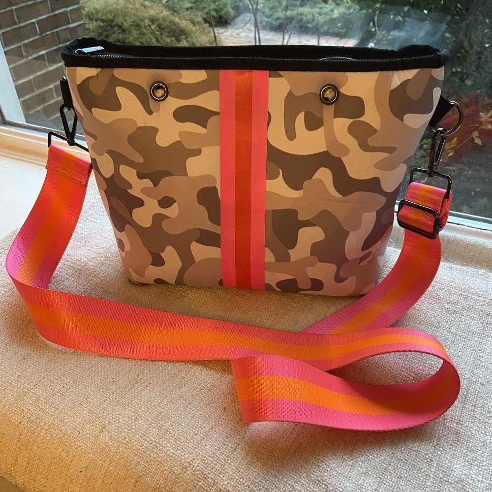 HAUTE SHORE Grey Camo Pink Stripe Crossbody Neoprene